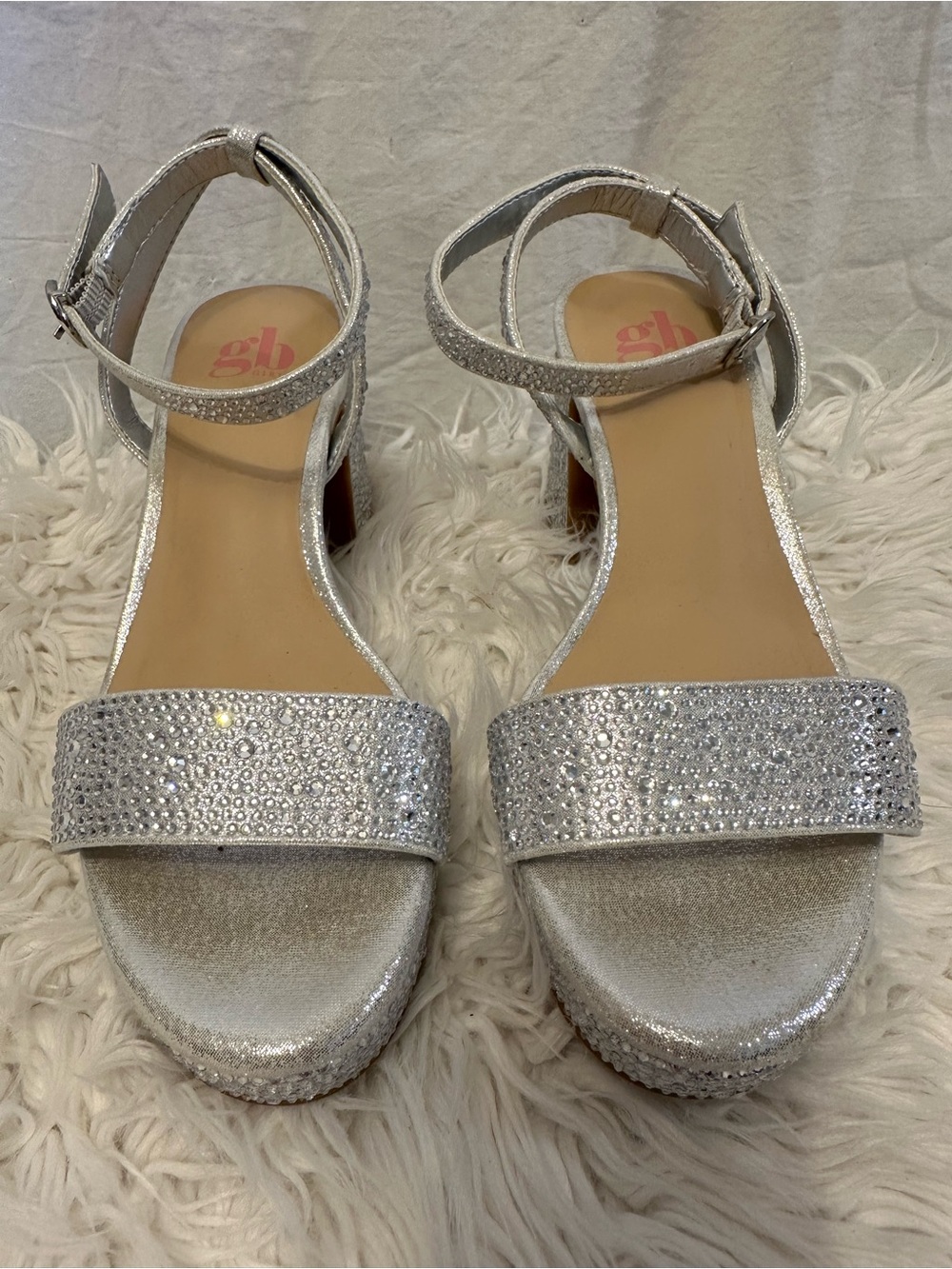 GB Girls Silver Rhinestone Platform Block Heel Sandals Girls Size 2